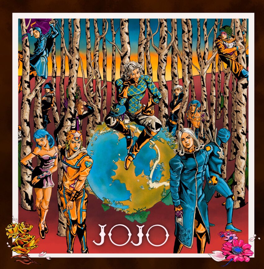 1other 2girls 6+boys araki_hirohiko_(style) argyle_clothes argyle_sweater ark_nemesis axl_ro birch_tree blackmore blue_coat blue_hair blue_helmet blue_skin boots catch_the_rainbow coat colored_skin diego_brando dirty_deeds_done_dirt_cheap earth_(planet) eleven_men_(sbr) flower funny_valentine green_helmet grey_hair hat helmet highres hood hoodie hot_pants_(sbr) johnny_joestar jojo_no_kimyou_na_bouken long_coat long_hair lucy_steel multiple_boys multiple_girls orange_boots orange_hat orange_hoodie planet ringo_roadagain sandman_(sbr) short_hair stand_(jojo) star_(symbol) star_print steel_ball_run sweater tree wekapipo