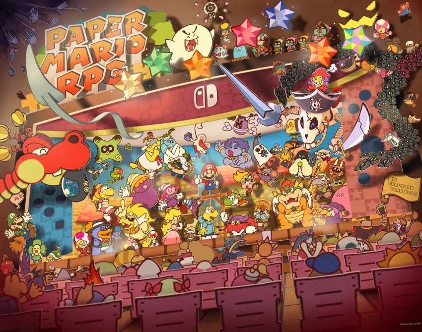 6+boys 6+girls ^_^ admiral_bobbery beldam bird blonde_hair blooper_(mario) blue_hat bob-omb bombette boo_(mario) bow bow_(paper_mario) bowser buzzy_beetle chair character_request closed_eyes clown clown_boy coke-bottle_glasses copyright_name cortez crossed_arms crystal_king crystal_star_(mario) dimentio doopliss dragon everyone facial_hair fangs flavio flurrie game_console gamecube ghost_t. glasses gloves goombario goombella green_hat grin grubba hat highres holding holding_weapon hooktail huff_n._puff index_finger_raised jester jester_boy jolene_(paper_mario) kammy_koopa kooper koopie_koo koops lord_crump luigi luvbi maribou_(supermaribou) marilyn_(paper_mario) mario mario_(series) mask microphone mimi_(paper_mario) mini-yoshi ms._mowz multiple_boys multiple_girls mustache nintendo o&#039;chunks one_eye_closed open_mouth orange_hair overalls paper_bowser paper_luigi paper_mario paper_mario:_the_thousand_year_door paper_mario_(character) paper_mario_64 pennington pianta pink_hair piranha_plant pirate_hat pokey_(mario) princess_peach professor_frankly purple_hair rawk_hawk red_hat shine_sprite sir_grodus smile smorg squirps stage super_mushroom super_paper_mario sushie sword thumbs_up toad_(mario) toadette toadsworth toodles_(paper_mario) treasure_chest twitter_username vivian_(paper_mario) watt_(paper_mario) weapon whacka x-naut yoshi