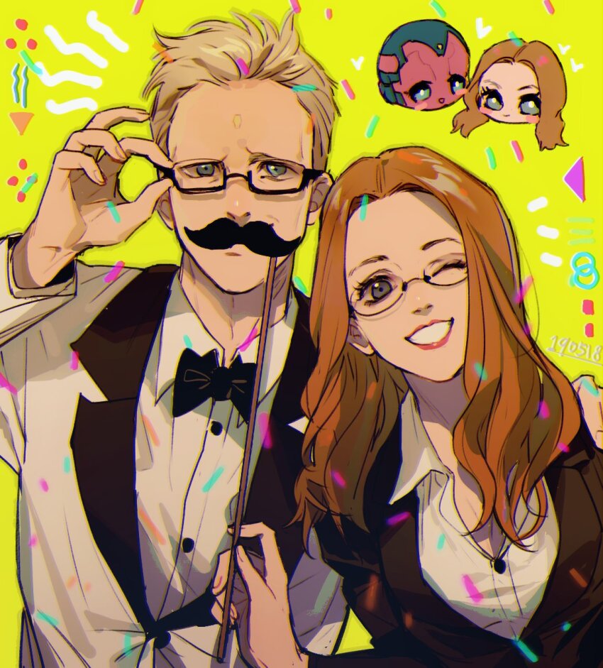 1boy 1girl black_bow black_bowtie black_jacket blonde_hair blue_eyes blush_stickers bow bowtie brown_hair buttons closed_mouth collared_jacket collared_shirt colored_skin commentary confetti dated english_commentary fake_facial_hair fake_mustache fingernails glasses green_skin grey_eyes hand_on_another&#039;s_shoulder hand_up hands_up heart highres holding jacket lips long_hair long_sleeves looking_at_viewer marvel marvel_cinematic_universe multicolored_skin one_eye_closed open_clothes open_jacket open_mouth qin_(7833198) red_lips red_skin shirt short_hair simple_background smile standing teeth vision_(marvel) wanda_maximoff wandavision white_jacket white_shirt yellow_background