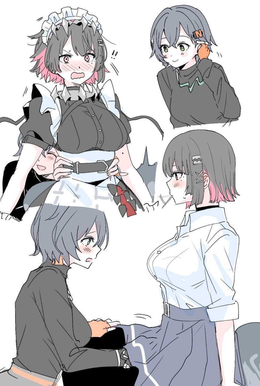 2girls belle_(zenless_zone_zero) black_shirt blue_skirt blush breasts closed_eyes closed_mouth collared_shirt colored_inner_hair ellen_joe ellen_joe_(on_campus) fingerless_gloves fins fish_tail gloves green_eyes hand_under_clothes hand_under_skirt hands_on_another&#039;s_waist highres jewelry large_breasts long_sleeves maid_headdress mole mole_under_eye multicolored_hair multiple_girls necklace open_mouth orange_gloves pink_eyes pink_hair pleated_skirt shark_tail shirt short_hair sierit simple_background skirt sleeves_rolled_up smile tail white_background white_shirt yuri zenless_zone_zero