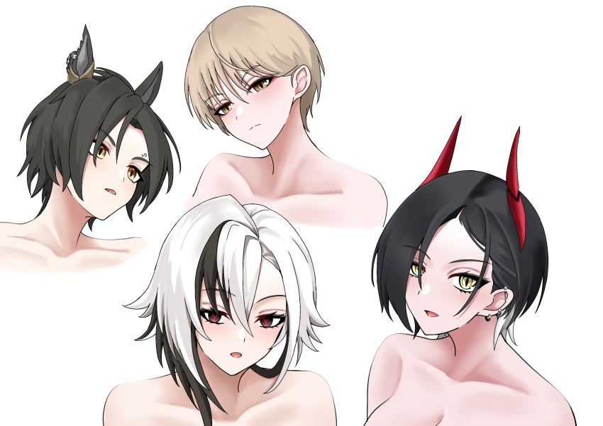 4girls air_shakur_(umamusume) animal_ears arlecchino_(genshin_impact) azur_lane banba_(jakqbigone) bare_shoulders black_hair blue_archive collarbone genshin_impact highres horns horse_ears light_brown_hair looking_at_viewer marina_(blue_archive) multicolored_hair multiple_girls short_hair simple_background streaked_hair ulrich_von_hutten_(azur_lane) umamusume white_background white_hair yellow_eyes
