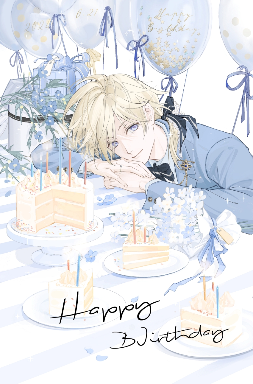 1boy absurdres arms_on_table balloon birthday birthday_cake bishounen black_bow black_bowtie blazer blonde_hair blue_flower blue_hair blue_jacket blue_ribbon bouquet bow bowtie cake cake_slice candle chinese_commentary closed_mouth collared_jacket collared_shirt commentary_request eyes_visible_through_hair fai_d._flowright fingernails fire flower food gift hair_bow hair_over_shoulder hand_on_hand happy_birthday head_on_hand highres jacket jewelry lapels lips long_hair looking_at_viewer low_ponytail male_focus notched_lapels plate ponytail ribbon ring shirt single_strap smile solo sparkle sprinkles star_(symbol) striped_bow striped_bowtie striped_clothes tsubasa_chronicle upper_body white_background white_flower white_shirt yuefanfan
