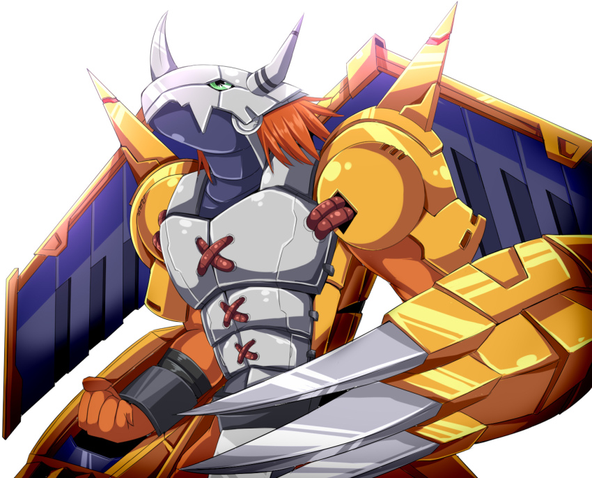 armor breastplate brown_hair claws clenched_hand commentary_request digimon digimon_(creature) digimon_adventure from_side green_eyes helmet horns looking_up no_humans pandacross simple_background solo wargreymon white_background wings