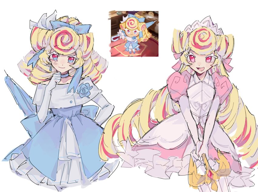 1girl :d alternate_costume armor blonde_hair blue_bow blue_choker blue_dress blue_flower blue_ribbon blue_rose bow choker colored_eyelashes cookie_run cookie_run:_kingdom curly_hair dress flipped_bangs flower gloves highres holding holding_sword holding_weapon kouign-amann_cookie long_hair looking_at_viewer mokaink28 multicolored_hair multiple_views open_mouth pink_dress pink_eyes pink_hair pink_ribbon pink_streaks ribbon rose silver_crown simple_background smile solo standing sword upper_body very_long_hair weapon white_background white_gloves