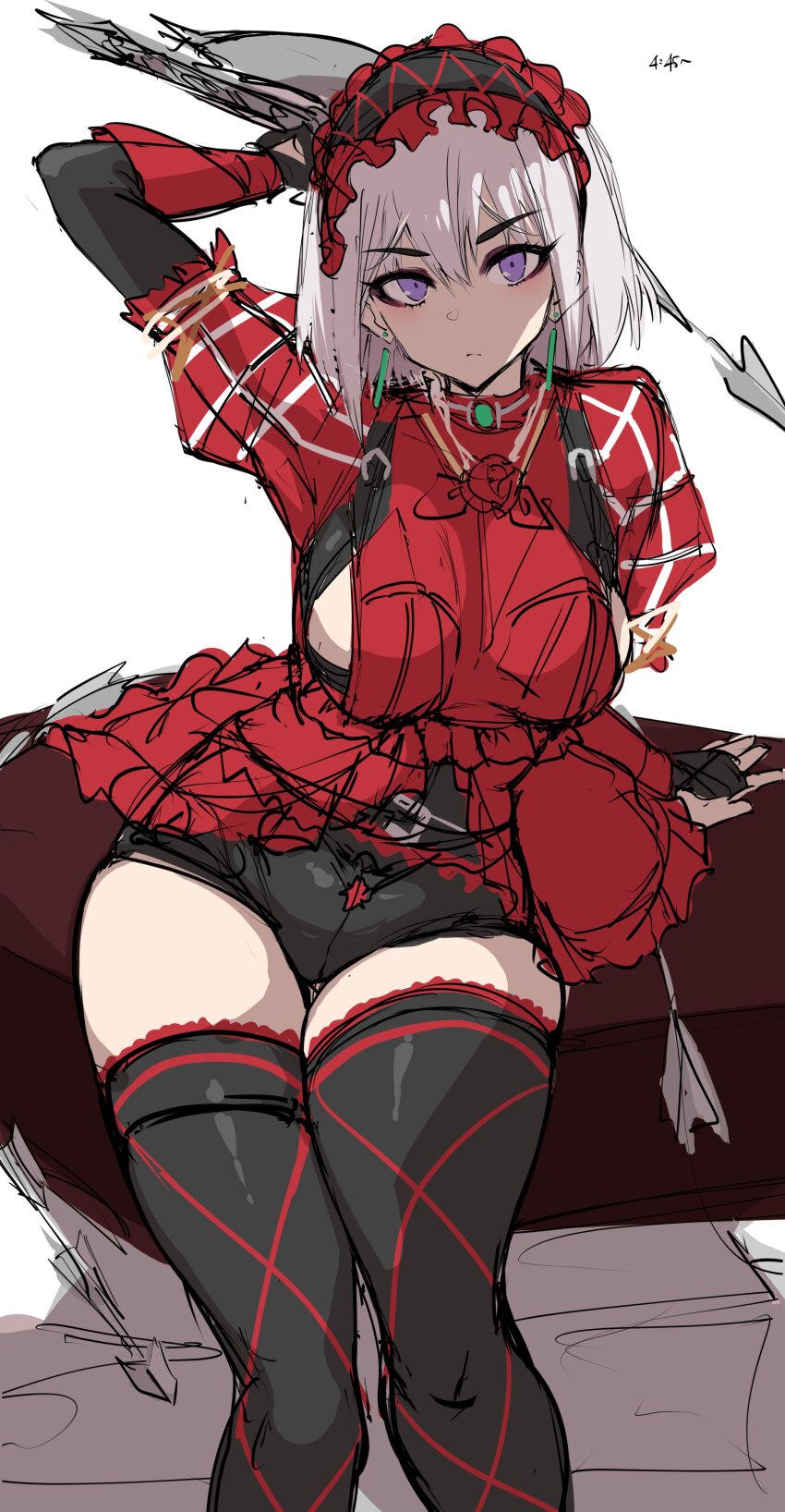1girl absurdres agetama arm_support black_thighhighs breasts chaika_bogdan closed_mouth commentary contrapposto earrings expressionless flower grey_hair hair_between_eyes highres hitsugi_no_chaika holding holding_weapon jewelry medium_hair puffy_sleeves purple_eyes red_flower red_rose rose sideboob sideboob_cutout sitting sketch solo thighhighs weapon