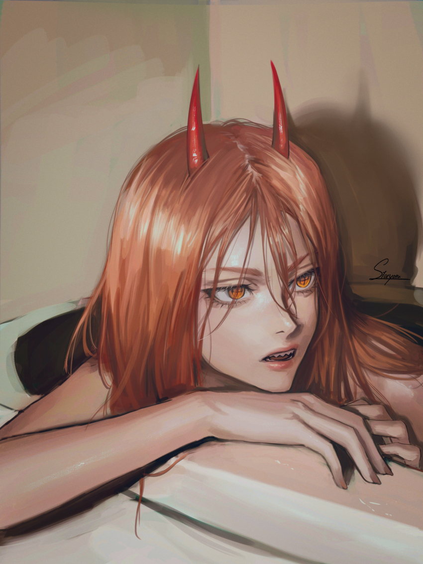 1girl absurdres bathtub chainsaw_man completely_nude cross-shaped_pupils demon_girl demon_horns highres horns indoors long_hair looking_to_the_side nude open_mouth orange_hair power_(chainsaw_man) red_horns ringed_eyes shadow sharp_teeth signature solo staryoruu symbol-shaped_pupils teeth twitter_username yellow_eyes