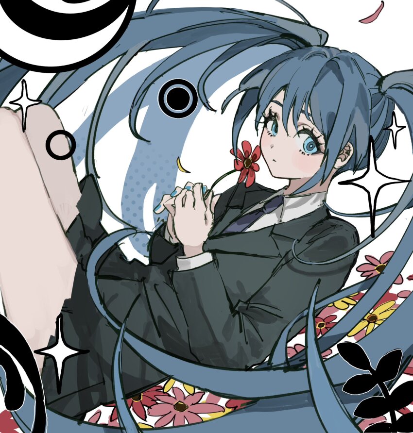 1girl black_jacket black_skirt blue_eyes blue_hair blue_nails blush collared_shirt flower formal_clothes hatsune_miku hatsune_miku_(saihate) highres holding holding_flower inu_totemo jacket long_hair looking_at_viewer miniskirt necktie saihate_(vocaloid) shirt skirt solo sparkle suit twintails very_long_hair vocaloid white_shirt