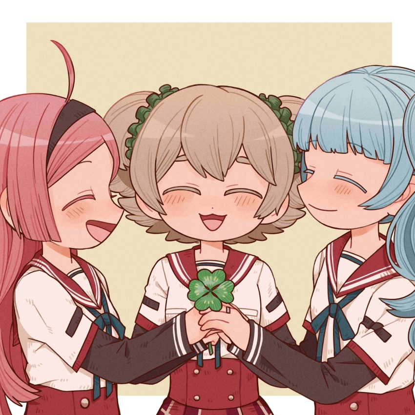 3girls :3 :d absurdres ahoge aino_mito aqua_ribbon black_hairband black_sleeves blue_hair blunt_bangs blush border breast_pocket brown_background buttons cantaurus closed_eyes closed_mouth clover colored_eyelashes commentary dot_nose double_bun four-leaf_clover from_side hair_between_eyes hair_bun hairband highres holding holding_clover holding_hands holding_plant ibuki_leila kamihama_university_affiliated_school_uniform kumi_seika layered_sleeves light_brown_hair long_hair long_sleeves magia_record:_mahou_shoujo_madoka_magica_gaiden mahou_shoujo_madoka_magica multiple_girls neck_ribbon open_mouth outside_border pink_hair plaid_clothes plaid_skirt plant pocket profile red_sailor_collar red_skirt ribbon sailor_collar sailor_shirt school_uniform serafuku shirt short_hair short_over_long_sleeves short_sleeves side_ponytail side_up_bun skirt smile straight-on straight_hair swept_bangs symbol-only_commentary thick_eyebrows upper_body wavy_hair white_border white_shirt