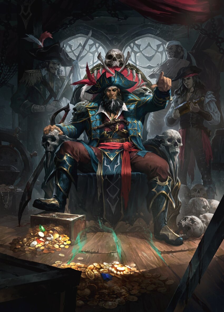 4boys beard black_boots black_hair black_hat blue_gemstone blue_hat blue_jacket boots brown_pants cutlass facial_hair gem green_gemstone hat highres holding holding_sword holding_weapon indoors jacket looking_at_viewer multiple_boys nathaniel_himawan original pants pirate pointing red_gemstone sitting skull standing sword throne treasure tricorne weapon