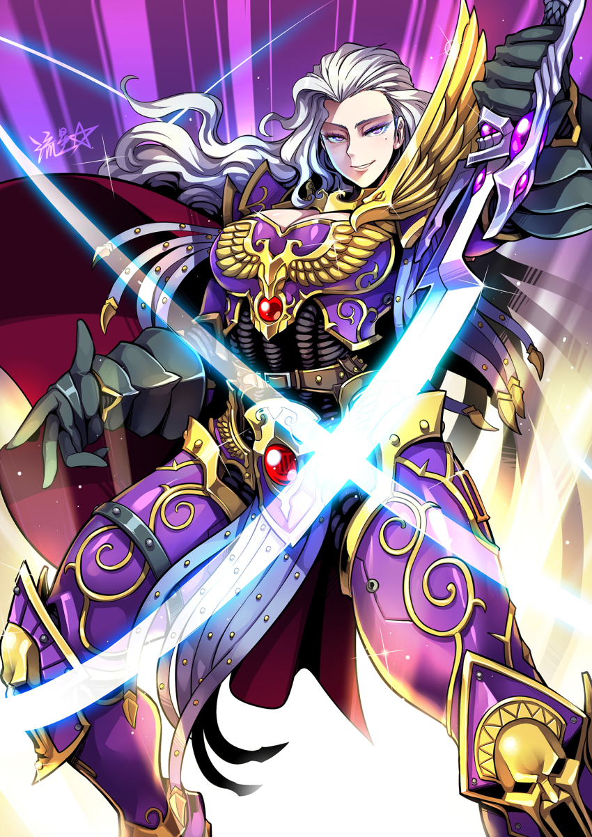 1girl afterimage armor breasts cleavage cleavage_cutout clothing_cutout commentary emperor&#039;s_children english_commentary fulgrim full_armor gauntlets genderswap genderswap_(mtf) highres holding holding_sword holding_weapon large_breasts long_hair looking_at_viewer mole mole_under_eye ornate_armor pelvic_curtain power_sword primarch purple_armor purple_eyes ryuusei_(mark_ii) silver_hair slashing solo sword warhammer_40k weapon