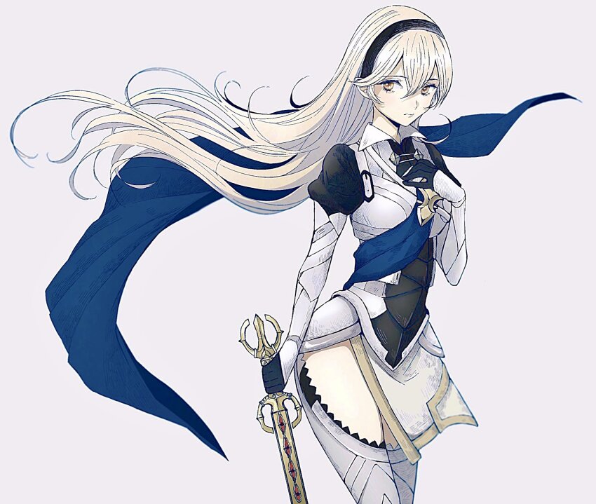 1girl armor black_hairband blue_cape cape closed_mouth commentary_request female_corrin_(fire_emblem) fire_emblem fire_emblem_fates floating_hair grey_background grey_hair hair_between_eyes hairband hand_on_own_chest highres holding holding_sword holding_weapon long_hair looking_at_viewer nintendo pointy_ears red_eyes roroichi simple_background solo sword weapon yato_(fire_emblem)