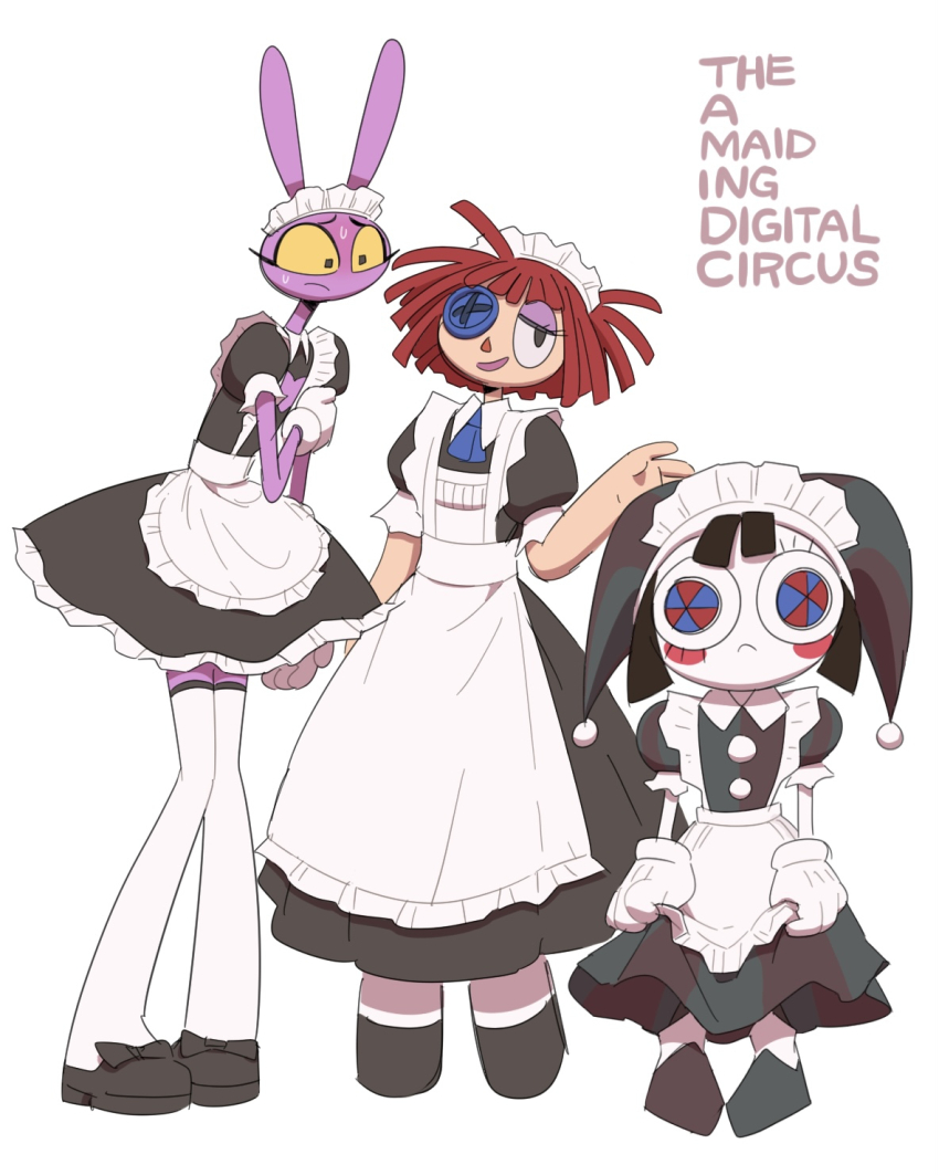 1boy 20daysapple 2girls alternate_costume animal_ears apron black_dress black_eyes black_footwear black_hair blue_neckerchief blush bow button_eye cleavage_cutout clenched_hands clothing_cutout collared_dress colored_sclera colored_skin colored_teeth constricted_pupils crossdressing dress footwear_bow frilled_apron frilled_dress frilled_sleeves frills frown gloves hand_on_own_arm hat heart_cutout highres holding holding_apron holding_dress holding_own_arm holding_unworn_clothes jax_(the_amazing_digital_circus) jester_cap looking_at_another looking_at_viewer maid maid_apron maid_headdress male_focus male_maid multiple_girls neckerchief pomni_(the_amazing_digital_circus) puffy_short_sleeves puffy_sleeves purple_skin rabbit_boy rabbit_ears ragatha_(the_amazing_digital_circus) red_hair short_hair short_sleeves smile sweat teeth the_amazing_digital_circus thighhighs triangle_nose waist_apron white_apron white_gloves white_thighhighs wide-eyed yellow_sclera yellow_teeth