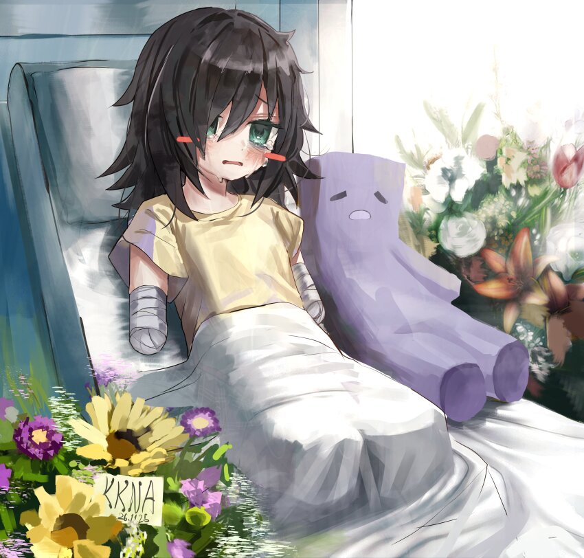 1girl absurdres amputee bags_under_eyes bandaged_arm bandages bed black_hair blush_stickers bouquet commentary crying crying_with_eyes_open dated derivative_work english_commentary flat_chest flower green_eyes highres hospital_bed kagana_helsuki kuroki_tomoko long_hair lying messy_hair on_back open_mouth purple_flower quadruple_amputee shirt solo tears watashi_ga_motenai_no_wa_dou_kangaetemo_omaera_ga_warui! yellow_flower yellow_shirt