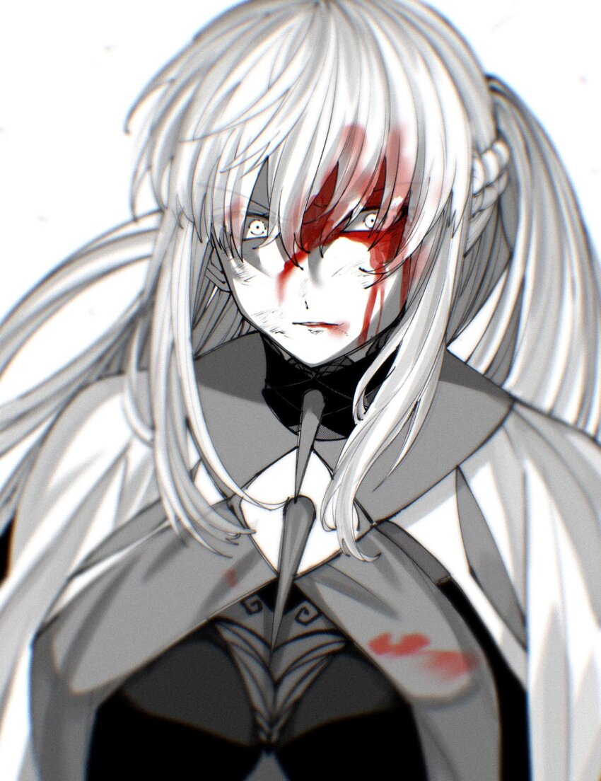 1girl blood blood_on_face braid euhage73 fate/grand_order fate_(series) hair_between_eyes half_up_braid highres long_hair looking_at_viewer monochrome morgan_le_fay_(fate) morgan_le_fay_(queen_of_winter)_(fate) ponytail simple_background solo spikes white_background white_hair