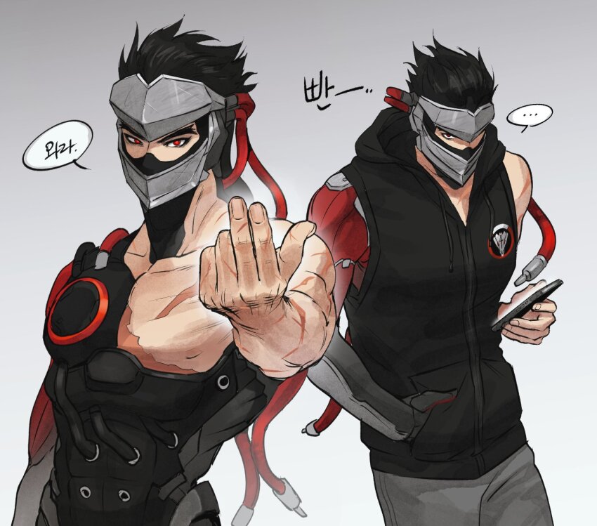 ... 1boy arm_up bare_pectorals bare_shoulders beckoning black_hoodie blackwatch_genji blackwatch_logo cellphone commentary_request cyborg dotgvai drawstring forked_eyebrows genji_(overwatch) grey_background grey_pants hand_in_pocket highres holding holding_phone hood hood_down hoodie iphone korean_commentary korean_text looking_at_viewer male_focus mask multiple_scars multiple_views overwatch overwatch_1 pants pectorals phone prosthesis red_eyes scar scar_on_arm scar_on_chest scar_on_shoulder sleeveless sleeveless_hoodie smartphone speech_bubble spoken_ellipsis translation_request tube