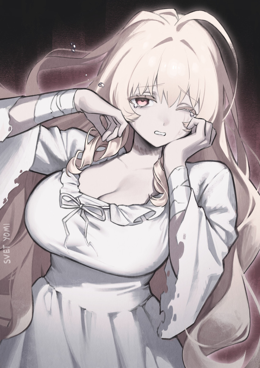 absurdres bandages blanche_neige_(svet_yomi) blonde_hair breasts cleavage dress ghost highres long_hair one_eye_closed original simple_background svet_yomi tears torn_clothes very_long_hair white_dress wink