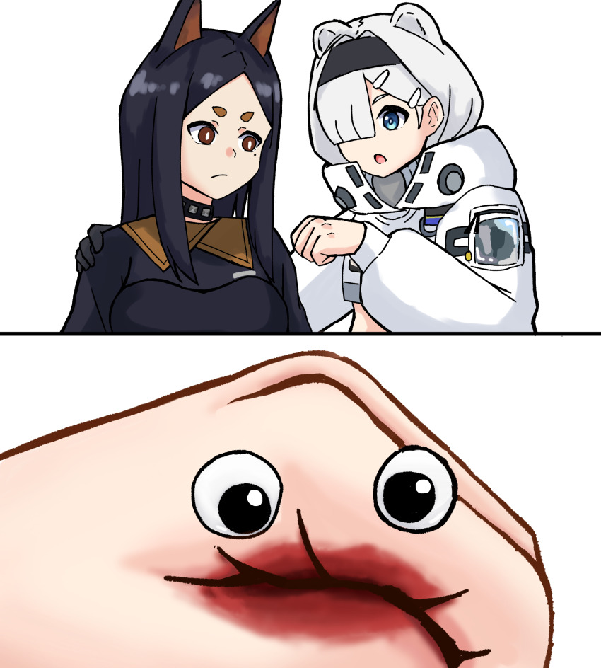 2girls 2koma :/ animal_ears arknights aurora_(arknights) bear_ears bear_girl black_gloves black_hair black_hairband blue_eyes bright_pupils brown_eyes clenched_hand comic commentary crop_top dobermann_(arknights) dog_ears dog_girl english_commentary gloves googly_eyes hair_over_one_eye hairband hand_on_another&#039;s_shoulder hand_up highres jacket long_hair long_sleeves midriff mole mole_under_eye multiple_girls parted_bangs photo-referenced shirt short_eyebrows shura_(shura_cs) simple_background white_background white_jacket white_pupils