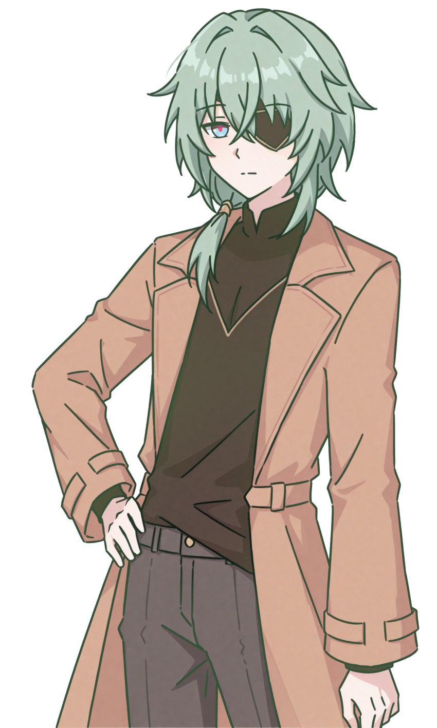 1boy anaxa_(honkai:_star_rail) black_shirt blue_eyes brown_coat coat commentary cowboy_shot english_commentary eyepatch green_hair grey_pants hair_intakes hand_on_own_hip highres honkai:_star_rail honkai_(series) long_sleeves male_focus pants prickly-chan_(ycactussprout) shirt short_hair simple_background solo standing white_background