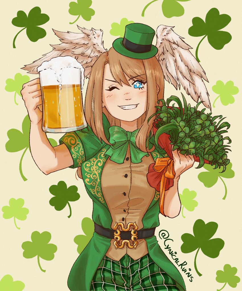 1girl absurdres artist_name aurora_(cynicalruins) beer_mug belt blue_eyes bouquet bow bowtie breasts bright_pupils clover commentary cup english_commentary eunie_(xenoblade) eyelashes floral_background flower glass green_bow green_bowtie green_flower hat head_wings highres holding holding_bouquet holding_cup large_breasts looking_at_viewer mug one_eye_closed saint_patrick&#039;s_day shamrock smile solo star-shaped_pupils star_(symbol) swept_bangs symbol-shaped_pupils teeth top_hat twitter_username white_pupils wings xenoblade_chronicles_(series) xenoblade_chronicles_3