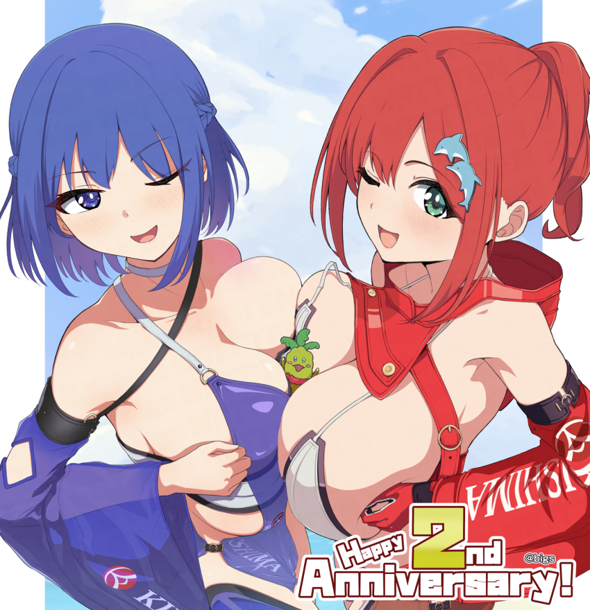 2girls :d between_breasts bikini blue_eyes blue_hair blush braid breast_press breasts breasts_squeezed_together cleavage commentary_request cooperative_paizuri detached_sleeves dolphin_hair_ornament dolphin_wave green_eyes half_up_braid happy_anniversary highres large_breasts looking_at_viewer multiple_girls official_alternate_costume official_alternate_hairstyle one_eye_closed open_mouth paizuri paizuri_gesture patd49 phenix_phenio ponytail red_hair sakimiya_iruka sexually_suggestive short_hair simulated_paizuri smile swimsuit symmetrical_docking teamwork_(sexual) tojou_michiru white_bikini