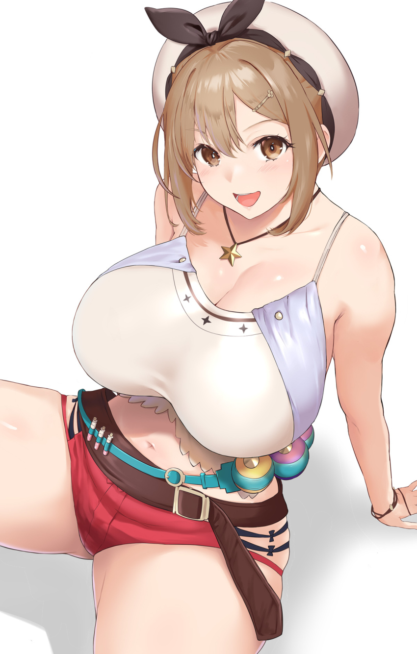 1girl atelier_(series) atelier_ryza atelier_ryza_1 bare_shoulders belt beret black_ribbon blush breasts brown_eyes brown_hair brown_thighhighs camisole cleavage collarbone flask hair_ornament hairclip hat highres jewelry large_breasts looking_at_viewer navel necklace open_mouth red_shorts reisalin_stout ribbon round-bottom_flask shino_(comic_penguin_club) short_hair short_shorts shorts sitting smile solo star_(symbol) star_necklace test_tube thick_thighs thighhighs thighs white_camisole white_hat