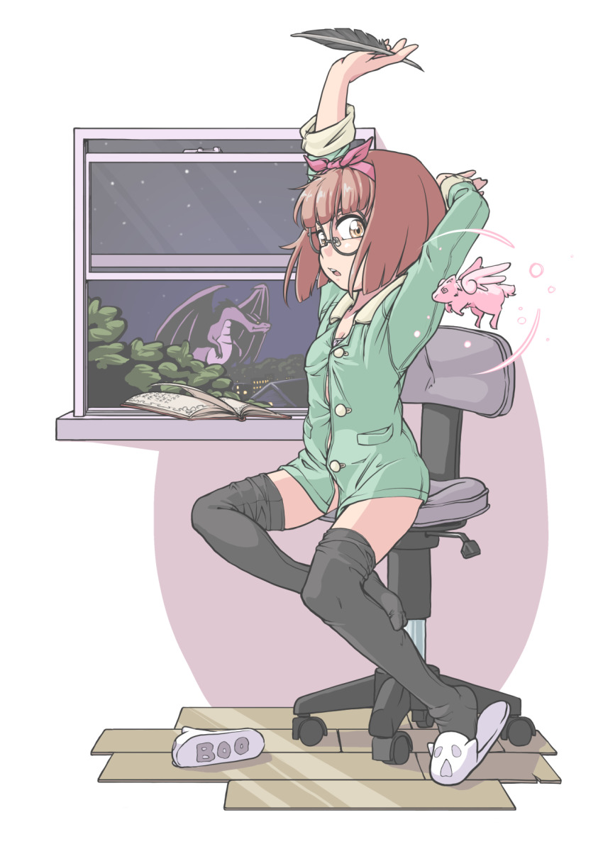 1girl arm_behind_head arm_up black_thighhighs bookmark bow breasts brown_hair cardcaptor_sakura chair dragon glasses hair_bow highres horns jarv looking_at_viewer loose_thighhigh no_pants office_chair open_mouth pajamas pink_bow quill short_hair single_slipper slippers small_breasts solo stretching swivel_chair thighhighs thighs tree window wooden_floor yanagisawa_naoko