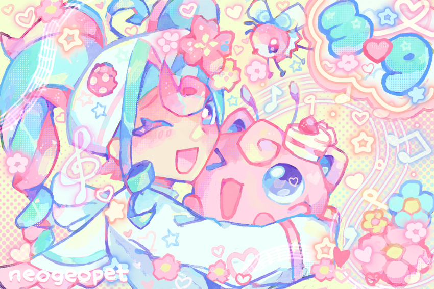 1girl 39 ;d ahoge alternate_color aqua_hair bug_miku_(project_voltage) cake colorful commentary crossover english_commentary fairy_miku_(project_voltage) flower food fusion gen_1_pokemon gen_7_pokemon hair_flower hair_ornament hat hatsune_miku heisei_retro highres holding holding_pokemon hue_shifting jigglypuff long_hair looking_at_viewer multicolored_hair musical_note neogeopet nintendo one_eye_closed open_mouth pink_hair pokemon pokemon_(creature) project_voltage ribombee school_uniform serafuku shiny_pokemon smile solo star_(symbol) treble_clef twintails two-tone_hair upper_body vocaloid yellow_background yume_kawaii