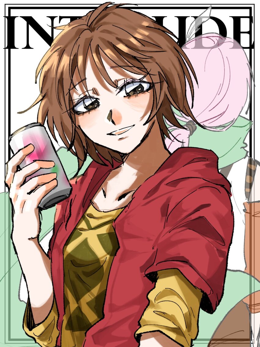 2boys bishounen brown_eyes brown_hair can commentary dita_iliner highres holding holding_can jacket kimburgertwo korean_commentary layered_sleeves male_focus miwa_teita multiple_boys open_clothes open_jacket pink_hair red_jacket saibou_shinkyoku shirt short_sleeves smile upper_body yellow_shirt