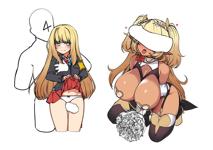1boy 2girls blonde_hair blush bouquet bow bow_panties breasts cameltoe cardinal_armand cleavage clothes_lift cropped_arms cropped_legs dark_elf dark_elven_forest_ranger dbm_(igonik) disembodied_penis elf faceless faceless_male flower garter_belt garter_straps gradient_hair groping hetero highres huge_breasts kneeling large_breasts last_origin long_hair multicolored_hair multiple_girls open_mouth panties pasties penis penis_on_face penis_over_eyes pointy_ears revealing_clothes saliva school_uniform simple_background skirt skirt_lift small_breasts sni_(qkrrjsdn03) thigh_sex tongue tongue_out underwear white_background