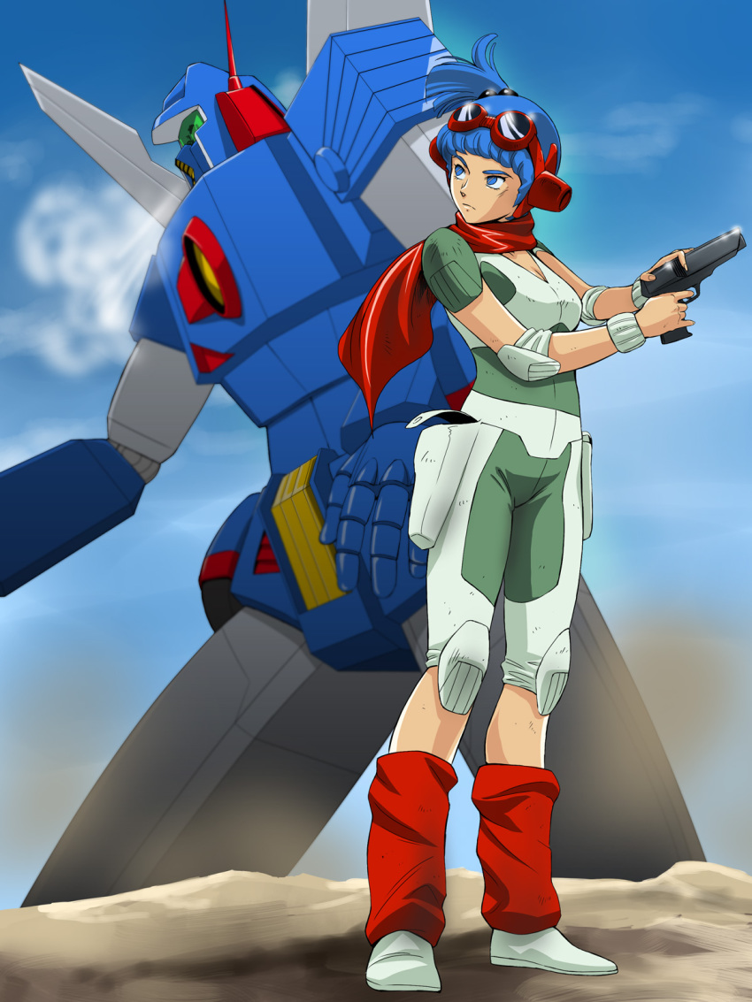 1girl armor blue_eyes blue_hair elbow_pads female_focus full_body goggles gun handgun highres holster knee_pads leg_warmers matching_hair/eyes mecha outdoors pistol rag_uralo robot scarf sentou_mecha_xabungle short_hair shoulder_pads sky solo weapon xabungle_(mecha)