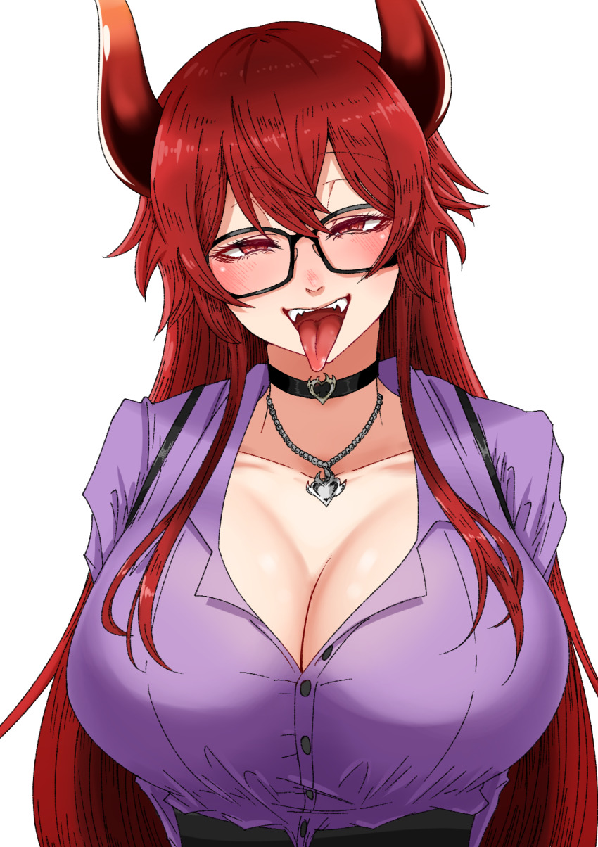 1girl black_choker blush breasts choker cleavage dola_(7th_costume)_(nijisanji) dola_(nijisanji) dragon_girl dragon_horns fangs glasses gradient_horns hair_between_eyes head_tilt heart_pendant highres horns huge_breasts jewelry long_hair long_tongue looking_at_viewer multicolored_horns nijisanji official_alternate_costume open_mouth partially_unbuttoned pendant purple_shirt red_eyes red_hair sei_no_ji shirt simple_background smile solo tongue tongue_out upper_body virtual_youtuber white_background