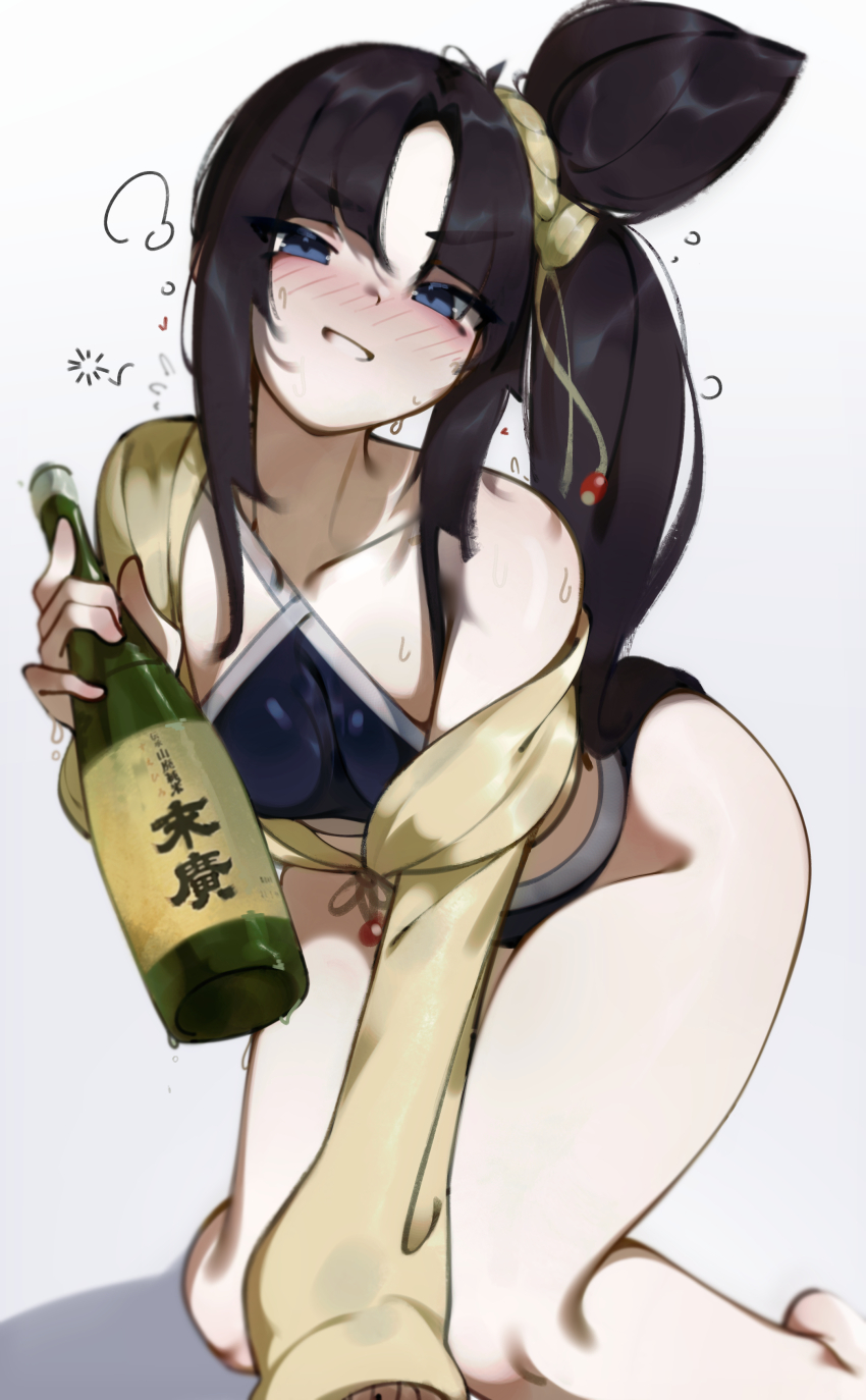 1girl absurdres bare_legs bikini black_hair blue_bikini blue_eyes blush bottle breasts deko_morii drunk fate/grand_order fate_(series) feet_out_of_frame hair_bun highres holding holding_bottle jacket legs long_hair medium_breasts revision sake_bottle side_ponytail simple_background single_hair_bun single_side_bun smile solo squeans swimsuit ushiwakamaru_(fate) ushiwakamaru_(fate/grand_order) ushiwakamaru_(swimsuit_assassin)_(fate) ushiwakamaru_(swimsuit_assassin)_(first_ascension)_(fate) white_background yellow_jacket