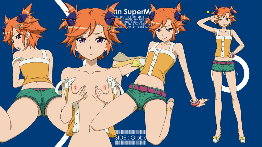 1girl armpits arms_up bangle barcode bare_shoulders belt blue_background blush bracelet breasts breasts_squeezed_together captain_earth collarbone come_hither denim denim_shorts facing_viewer feet_up flat_chest green_shorts groin hair_ornament hairpin hand_on_own_hip highres jewelry looking_at_viewer looking_back midriff naughty_face navel no_bra no_panties no_socks open_clothes open_shirt orange_hair shirt short_hair short_shorts short_twintails shorts simple_background sitting slip small_areolae small_breasts small_nipples smile solo standing strap strap_slip sukima_sangyou tank_top teasing twintails v v_over_eye w w_over_eye wariza yomatsuri_akari