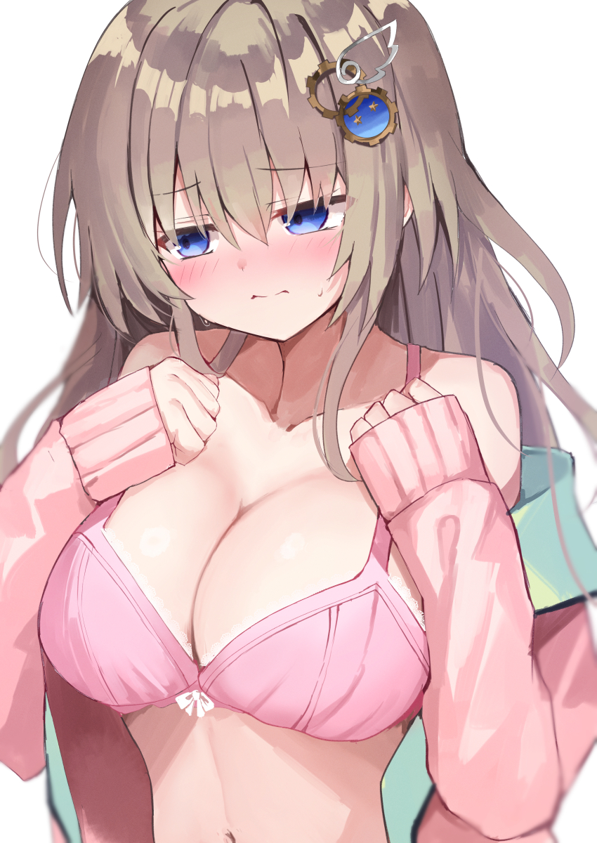 1girl 3: 9-nine- absurdres bare_shoulders blue_eyes blush bra breasts brown_hair cardigan cleavage clenched_hands closed_mouth collarbone commentary embarrassed furrowed_brow gear_hair_ornament hair_between_eyes hair_ornament hair_over_shoulder hands_up highres kujou_miyako lace lace-trimmed_bra lace_trim large_breasts long_hair looking_to_the_side navel nodoameyatou nose_blush open_cardigan open_clothes pink_bra pink_cardigan sidelocks simple_background sleeves_past_wrists solo split_mouth star_(symbol) star_print sweatdrop underwear upper_body white_background wing_hair_ornament