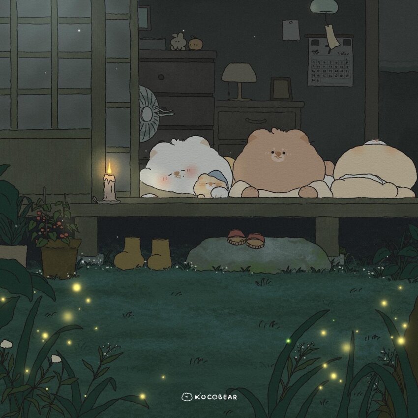 animal architecture artist_name bear boots calendar_(object) candle chibi commentary east_asian_architecture electric_fan fireflies flower glowing grass highres interior kocobear lamp lying night no_humans original outdoors picture_frame plant potted_plant rock sandals scenery sleeping solid_circle_eyes symbol-only_commentary
