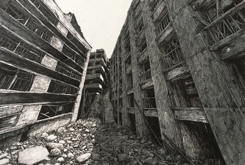 apartment balcony building concrete day destruction graphite_(medium) greyscale highres ibsukionsen light monochrome no_humans original railing rubble ruins scenery shadow stairs sunlight traditional_media window wooden_beam