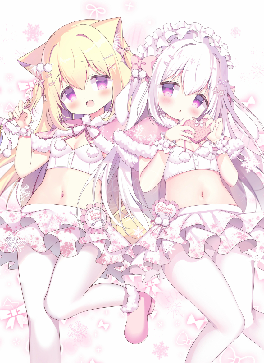2girls :d :o absurdres animal_ear_fluff animal_ears azumi_kazuki blonde_hair blush bow breasts commentary_request crop_top floppy_ears hair_between_eyes hair_bow hair_ornament hairclip head_tilt highres layered_skirt long_hair midriff multiple_girls navel open_mouth original pantyhose parted_lips pink_bow pink_shoes pleated_skirt purple_eyes rabbit_ears shoes skirt small_breasts smile snowflake_background standing standing_on_one_leg two_side_up very_long_hair white_background white_hair white_pantyhose white_skirt x_hair_ornament