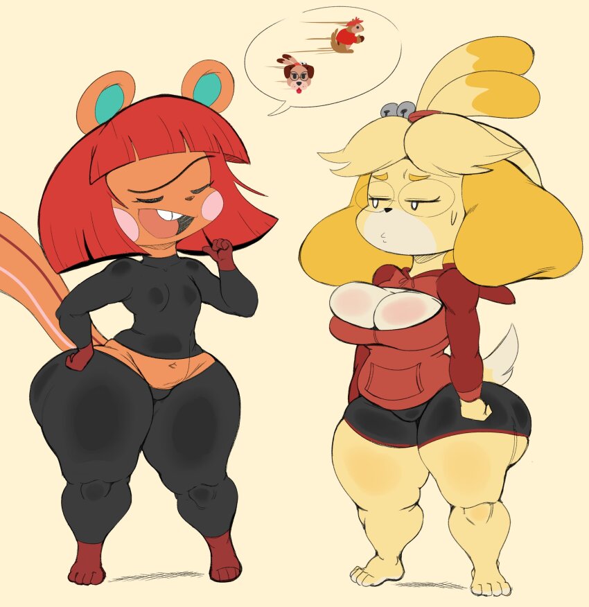2021 2girls animal_crossing animal_ears annoyed ass barefoot bell black_shirt black_shorts blush_stickers body_fur bowl_cut breasts buck_teeth cleavage clenched_hands collarbone commentary comparison dog_ears dog_girl dog_tail english_commentary female_focus flat_chest full_body furry furry_female glasses hair_bell hair_ornament hair_tie hand_on_own_hip hazel_(animal_crossing) highres hood hood_down hoodie huge_ass isabelle_(animal_crossing) jingle_bell large_breasts long_hair long_sleeves midriff multiple_girls navel nintendo open_clothes plump pointing pointing_at_self pout purple-yoshi-draws red_fur red_hair red_hoodie rimless_eyewear shirt short_shorts shorts simple_background smug speech_bubble squirrel_ears squirrel_girl squirrel_tail standing sweatdrop tail teeth thick_thighs thighs tied_ears tiptoes unibrow white_background wide_hips yellow_fur