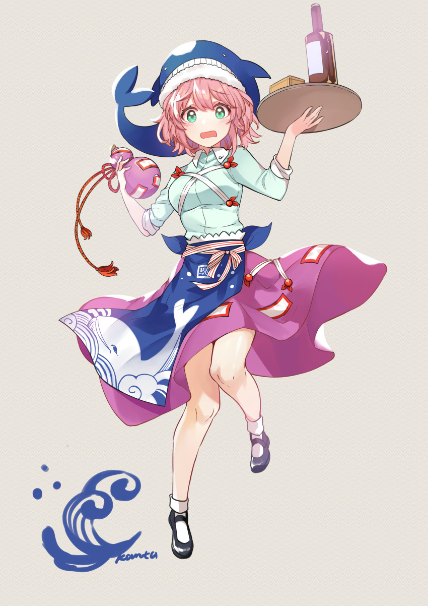 1girl absurdres animal_print ankle_socks apron black_shoes blue_apron blue_hat blue_shirt bottle collared_shirt cross-laced_clothes fish_print full_body gourd green_eyes hat highres holding holding_gourd holding_tray kanta_(pixiv9296614) long_sleeves mary_janes ofuda ofuda_on_clothes okunoda_miyoi pink_hair purple_skirt shirt shoes short_hair skirt sleeves_rolled_up socks solo touhou tray waist_apron whale_hat whale_print white_socks worried