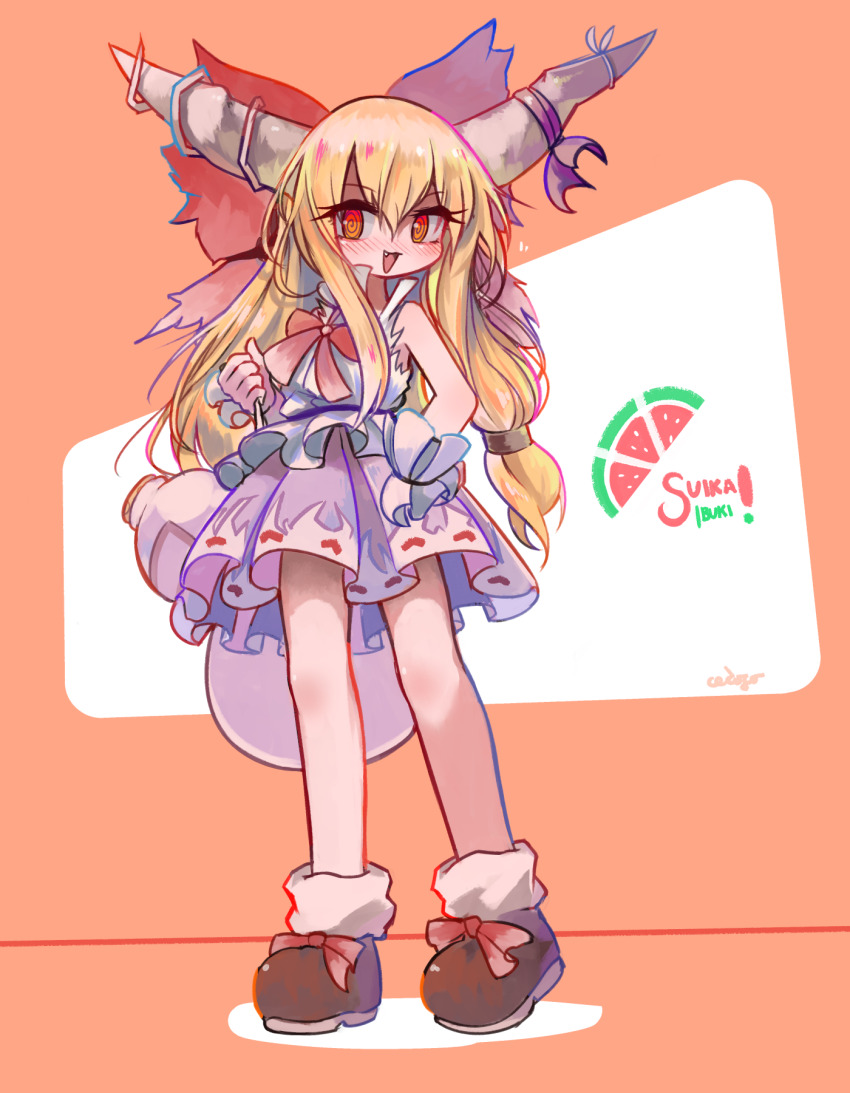 1girl blonde_hair blush bow brown_eyes brown_footwear ceroro character_name food fruit full_body gourd hair_bow highres horn_bow horn_ornament horns ibuki_suika long_hair looking_at_viewer oni oni_horns purple_skirt skirt solo thighhighs touhou watermelon white_thighhighs