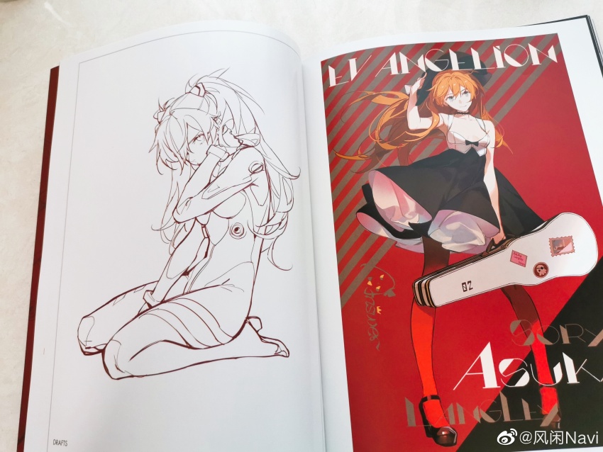1girl ask_(askzy) black_dress black_hat black_high_heels blue_eyes dress hat highres long_hair neon_genesis_evangelion orange_hair red_socks socks solo souryuu_asuka_langley