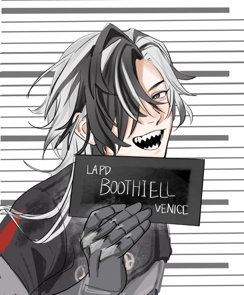 1boy absurdres arm_up baishangwuding barbie_(franchise) barbie_(live_action) barbie_mugshot_(meme) black_hair black_shrug boothill_(honkai:_star_rail) chinese_commentary commentary_request cyborg grey_eyes grey_hair hair_over_one_eye highres holding holding_sign honkai:_star_rail honkai_(series) long_hair looking_to_the_side male_focus meme multicolored_hair one_eye_covered open_mouth sharp_teeth shrug_(clothing) sideways_glance sign smile solo teeth upper_body