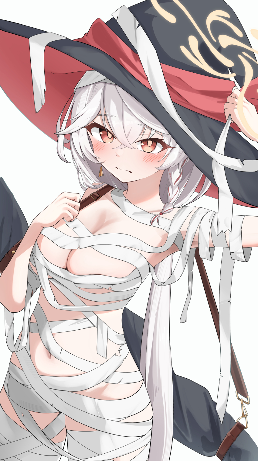 1girl absurdres blue_archive blush bow bowtie braid breasts closed_mouth eri_(blue_archive) halo hat highres large_breasts long_hair long_sleeves looking_at_viewer no_ra339 shirt solo white_hair witch_hat