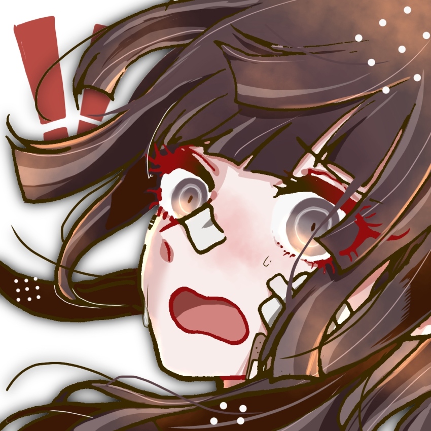 ! !! 1girl bandage_on_face bandage_on_nose bandages bandaid black_hair close-up commentary_request danganronpa_(series) danganronpa_2:_goodbye_despair eyelashes kiri_(2htkz) long_hair nervous_sweating open_mouth simple_background solo sweat tsumiki_mikan white_background