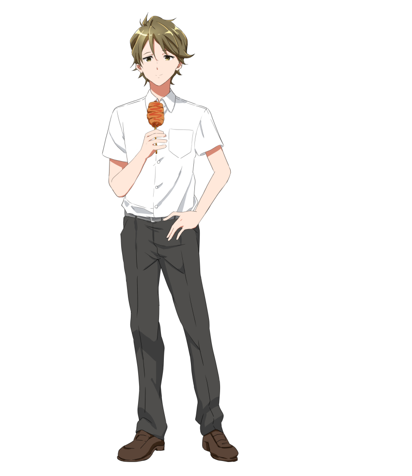 1boy belt black_pants brown_eyes brown_hair brown_shoes closed_mouth collared_shirt food hand_on_own_hip hand_up hibike!_euphonium highres holding holding_food kitauji_high_school_uniform loafers looking_at_viewer nozo133 pants school_uniform shirt shoes short_hair short_sleeves simple_background smile solo standing tsukamoto_shuuichi white_background white_shirt