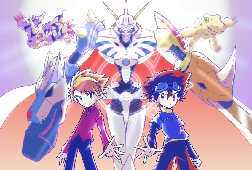 agumon arm_blade arm_cannon asymmetrical_dual_wielding blonde_hair blue_eyes blue_headband blue_shirt brown_eyes brown_hair brown_shirt cowboy_shot digimon digimon_(creature) digimon_adventure digimon_adventure:_bokura_no_war_game dual_wielding evolutionary_line gabumon goggles goggles_on_head green_eyes group_picture headband highres holding mecha medium_hair megane_mochi omegamon red_eyes robot shirt weapon