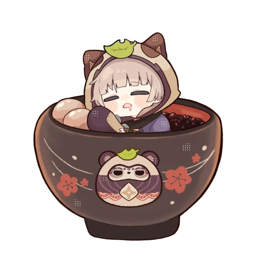 1girl :o animal_ears animal_hood black_gloves black_scarf blunt_bangs blush bowl chestnut_mouth closed_eyes commentary_request drooling fake_animal_ears fake_tail fingerless_gloves food genshin_impact gloves grey_hair highres hood hood_up hugging_own_tail hugging_tail in_bowl in_container in_food kogamo_(user_vajm2737) leaf leaf_on_head mouth_drool muji-muji_daruma_(genshin_impact) open_mouth raccoon_ears raccoon_hood raccoon_tail sayu_(genshin_impact) scarf shiruko_(food) short_hair sidelocks simple_background sleeping solo tail white_background