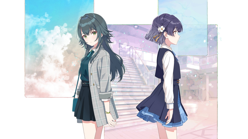 2girls bag belt buttons coat flower gakuen_idolmaster game_cg green_eyes green_hair green_shirt hair_flower hair_ornament handbag hataya_misuzu highres idolmaster layered_skirt multiple_girls official_art profile purple_hair railing shirt skirt stairs tsukimura_temari white_shirt