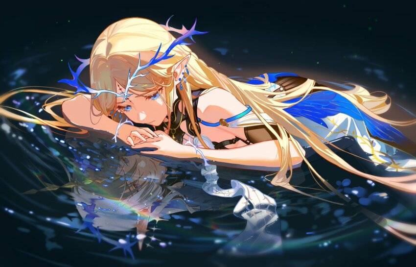 1girl bare_shoulders black_collar black_dress blonde_hair blue_eyes cartethyia_(wuthering_waves) cherrymaru closed_mouth collar commentary crown_of_thorns different_reflection dress earrings english_commentary jewelry long_hair looking_at_reflection necklace pointy_ears reflection reflective_water ripples solo tacet_mark_(wuthering_waves) very_long_hair wuthering_waves