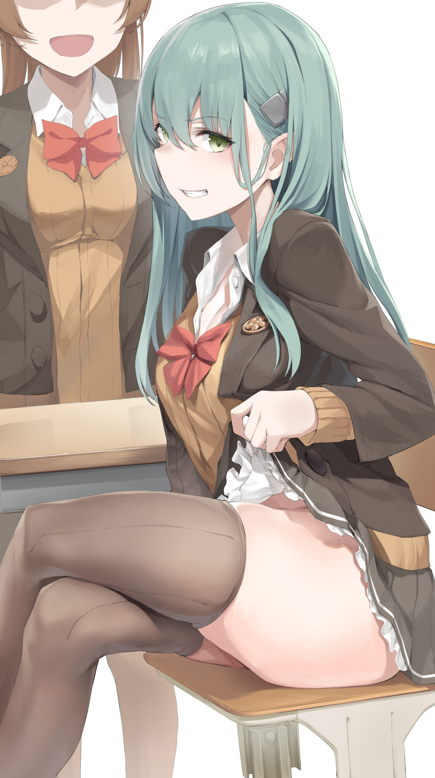2girls absurdres aqua_eyes aqua_hair brown_hair brown_jacket brown_skirt brown_socks chair commentary_request desk frilled_skirt frills hair_ornament hairpin highres jacket kantai_collection kneehighs kumano_(kancolle) kumano_kai_ni_(kancolle) lifting_own_clothes long_hair looking_at_viewer miniskirt multiple_girls no_panties open_mouth pleated_skirt ponytail red_ribbon ribbon school_chair school_desk school_uniform shirt skirt smile socks suzuki_(68914435) suzuya_(kancolle) suzuya_kai_ni_(kancolle) teeth thick_thighs thighhighs thighs tongue white_shirt